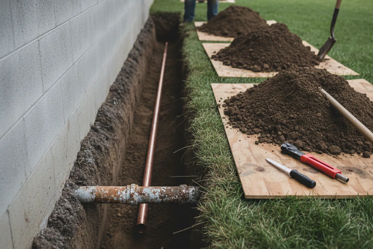 Excavated water line trench during Sewer Line Repair in Deansboro